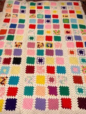 Handmade Multicolor Crochet Granny Square Blanket - White Border